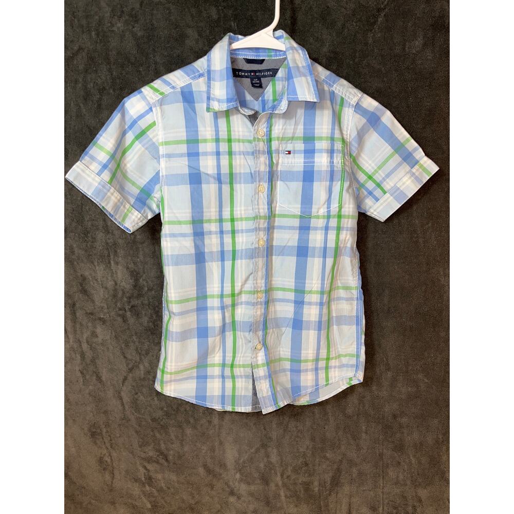 Boys Short Sleeve Tommy Hilfiger Blue Plaid Button Down Shirt 8